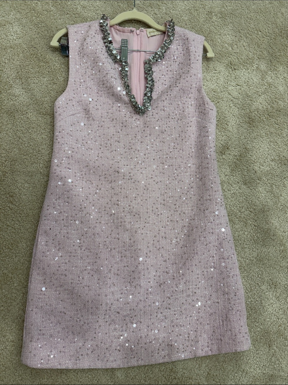Women’s Pink Sequin Tweed Dress with Embellished Neckline